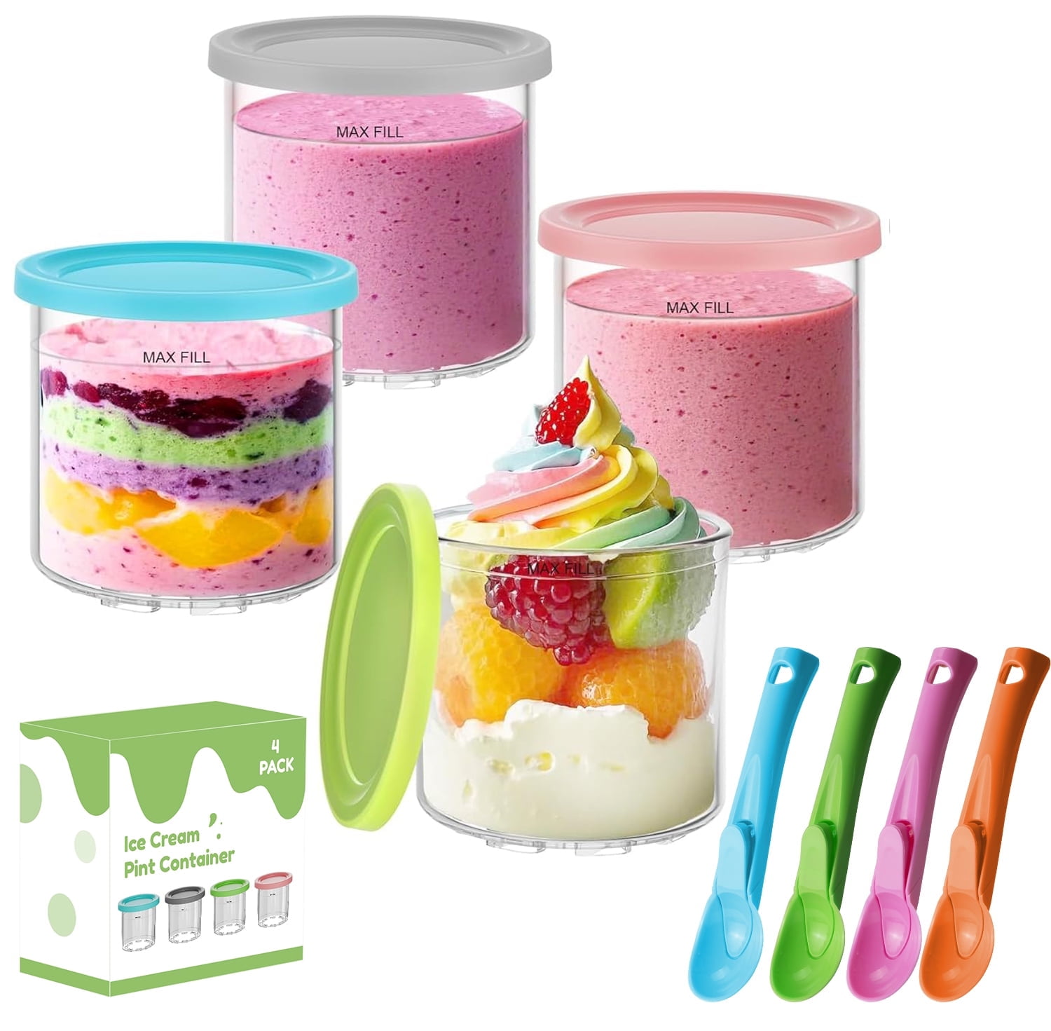 HOOFUN Ice Cream Pint Container 4-Pack , Replacement for Ninja Creami Pints and Lids,16oz Cups Compatible with NC301 NC300 Series Ice Cream Makers, Dishwasher Safe with 4 Ice Cream Scoops